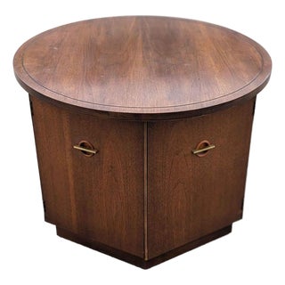 Vintage Mid-Century Round Walnut Cabinet Side Table For Sale