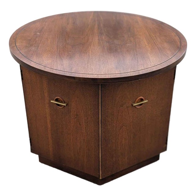 Vintage Mid-Century Round Walnut Cabinet Side Table For Sale