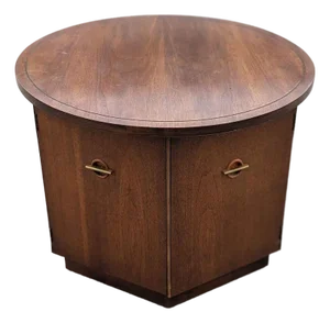 Vintage Mid-Century Round Walnut Cabinet Side Table