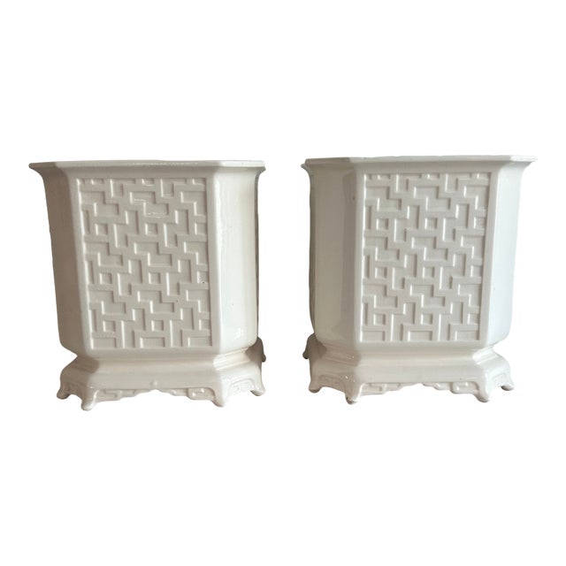 Vintage Fitz and Floyd Fretwork Chinoiserie Cachepot Planters - Pair For Sale