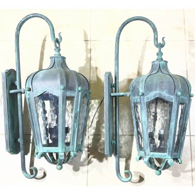 Metal Pair of Vintage Large Solid Brass Outdoor Wall Lanterns For Sale - Image 7 of 17