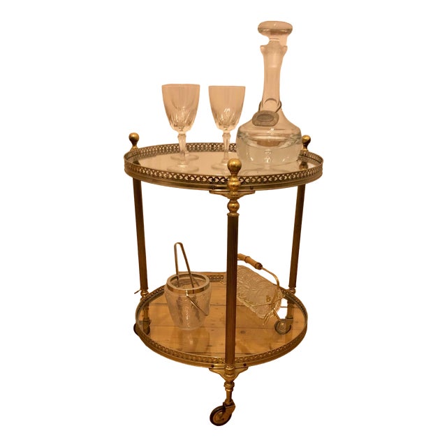 Antique Style Round Brass Bar Cart with Smoked Glass Tops, 1950s For Sale