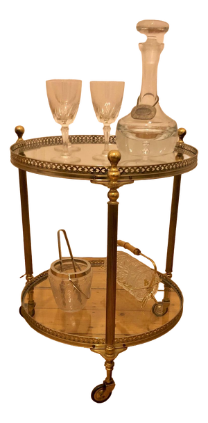 Antique Style Round Brass Bar Cart with Smoked Glass Tops, 1950s