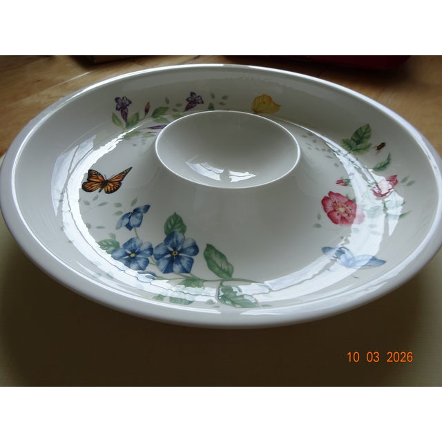 Lenox Butterfly Meadow serve ware for shrimp and cocktail sauce, chips and dips, variety of uses. Pattern is late 20th...