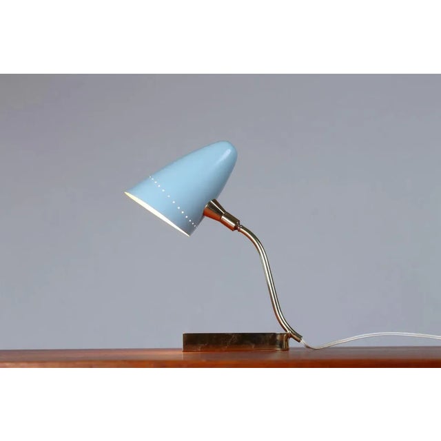 Arteluce Style Brass and Baby Blue Tripod Table Lamp, 1950s For Sale - Image 12 of 15