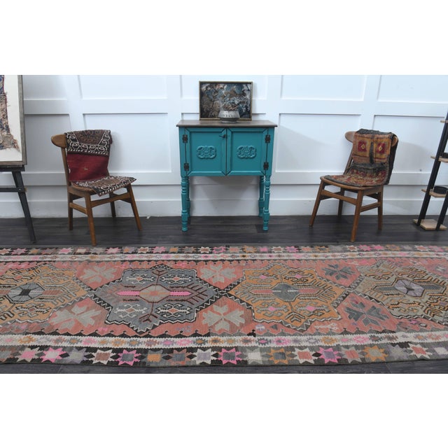Pink 1970s Vintage Handmade Wool Cotton Pink Coral Runner Rug For Sale - Image 8 of 11