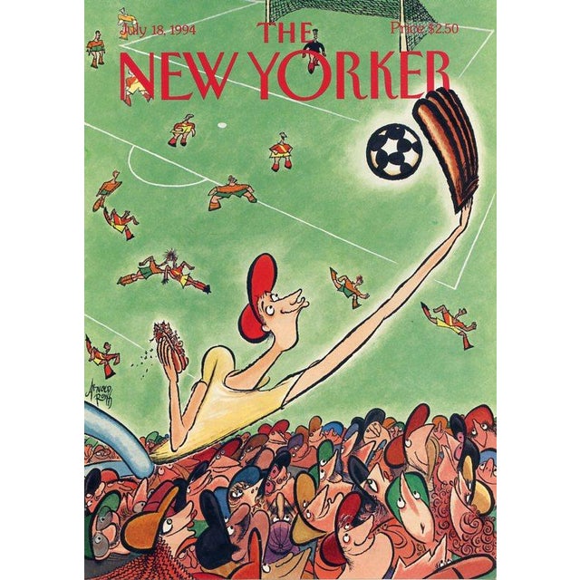 Original vintage New Yorker magazine cover from July 18, 1994 featuring a Soccer theme. Cover illustration by Arnold Roth...