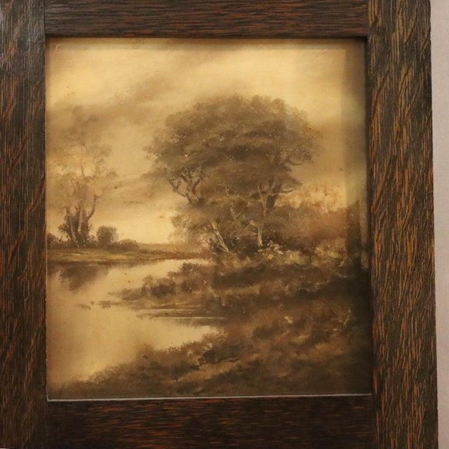 Large Stickley Style Arts & Crafts Oak Trumeau wall mirror with upper panel having print of landscape painting, c1920....