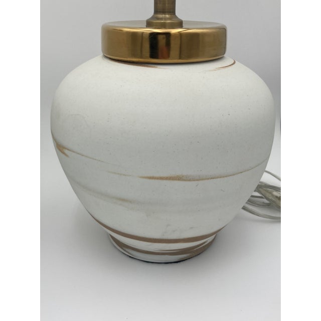 Modern Sahara Sand White Ceramic Table Lamps With Hand Painted Brush Strokes With Shades - a Pair For Sale - Image 3 of 11