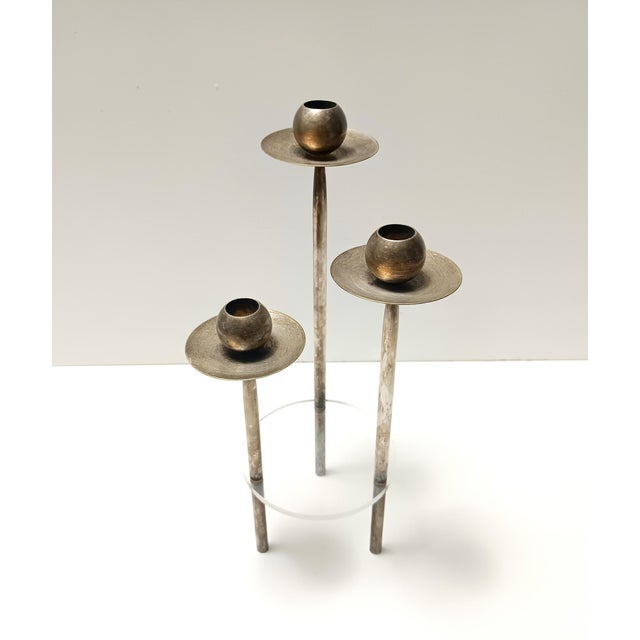 1970s Vintage Silver-Plated Brass and Acrylic Glass Candleholder by Mesa, Italy, 1970s For Sale - Image 5 of 12