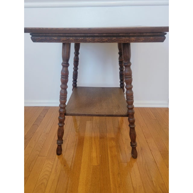 Early 20th-Century Oak Square Parlor Table With Lower Shelf For Sale - Image 4 of 12
