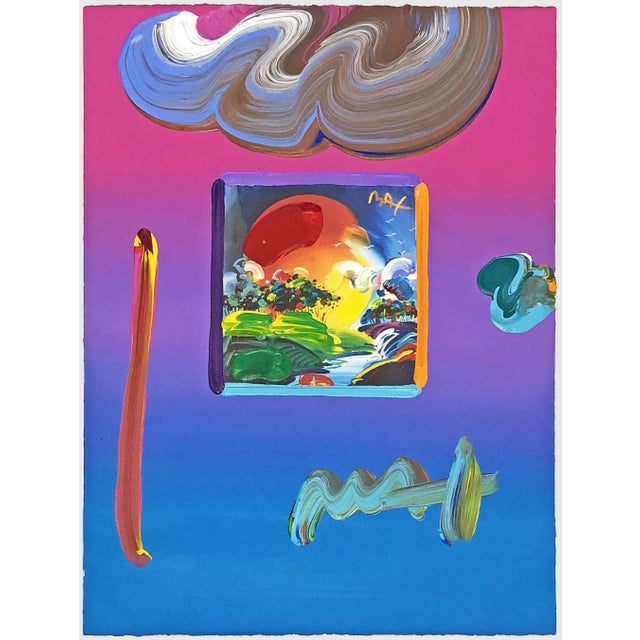 Mixed media with acrylic painting and color lithography on paper. Hand-signed in acrylic paint on front by Peter Max. A...