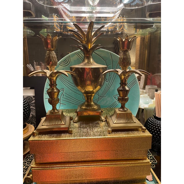Mid Century Modern Brass Pineapple Compote & Candlesticks For Sale - Image 4 of 15