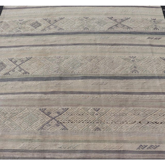 Mid 20th Century Square Vintage Turkish Embroidered Kilim in Dark Blue, L. Green, Gray, Taupe For Sale - Image 5 of 11