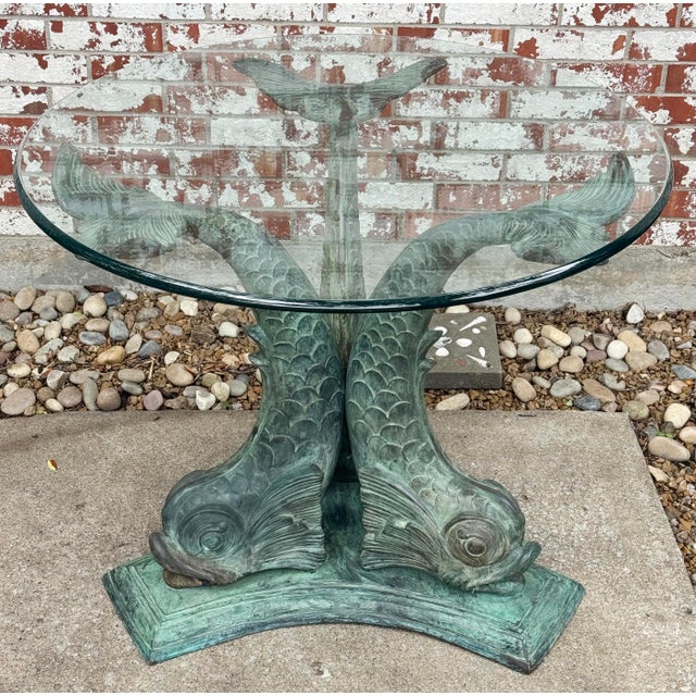 Traditional Vintage Regency Verdigris Koi Fish or Dolphin Patio Table and 4 Chairs For Sale - Image 3 of 18