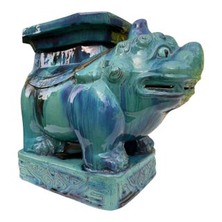 Vintage Blue Green Glazed Terracotta Foo Dog Petite Garden Stool For Sale