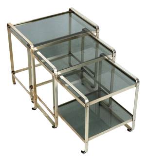 Nesting Side Tables in Gilded Aluminum and Glass, Italy, 1970s, Set of 3