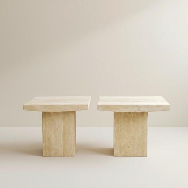 Stone 1970s Italian Organic Modern Minimalist Axel Vervoordt Style Travertine Side Tables - Pair For Sale - Image 7 of 8