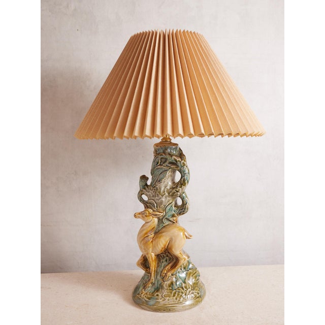Figurative Mid 20th Century Deer Ceramic Lamps With Majolica Style Glaze - a Pair For Sale - Image 3 of 17