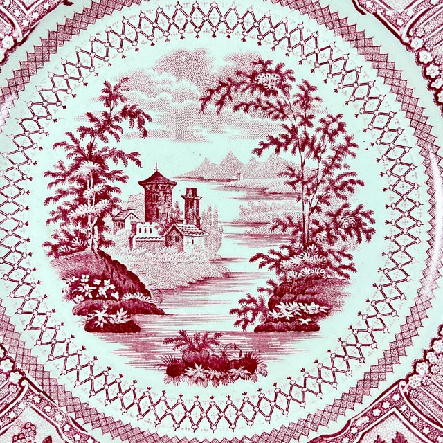 Staffordshire Ralph Stevenson Pink English Transferware Dinner Plates, Cologne Pattern, Set of 8 For Sale - Image 4 of 13