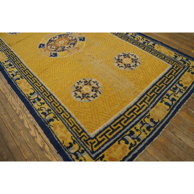 Textile 1750s Classic Yellow Greek Key Antique Chinese Ningxia Hallway Runner Wool Rug For Sale - Image 7 of 10