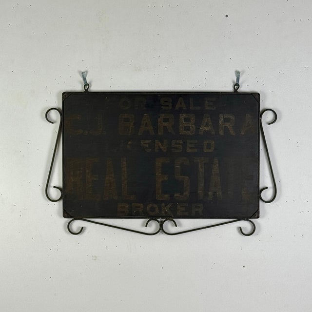 Wood Antique Hand Painted Wood Real Estate Sign in Wrought Iron Scroll Design Frame For Sale - Image 7 of 12