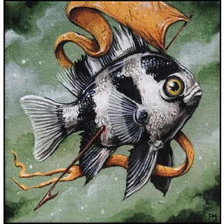 Seeker by Patrick Maxcy | Acrylic on canvas of a fish with an arrow and ribbon in water For Sale