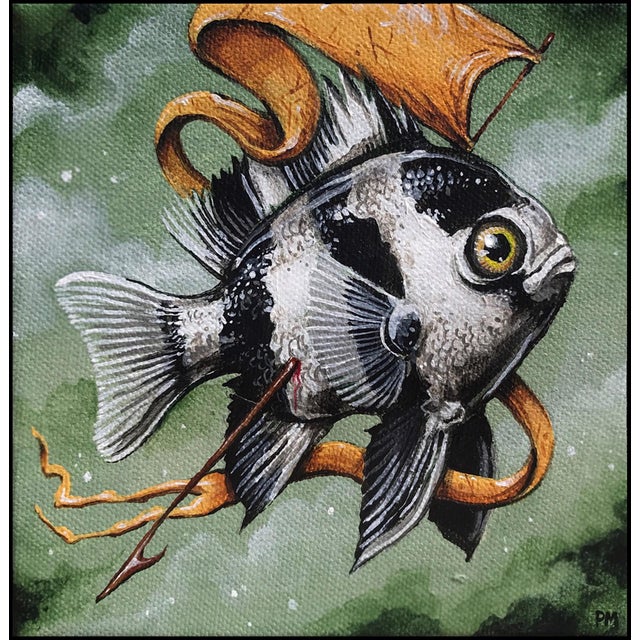 Seeker by Patrick Maxcy | Acrylic on canvas of a fish with an arrow and ribbon in water For Sale