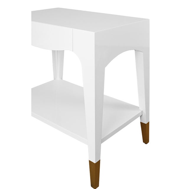 Worlds Away Matthew Izzo Home Ronny Glossy White Lacquer One Drawer Side Table With Antique Brass Foot Caps For Sale - Image 4 of 7