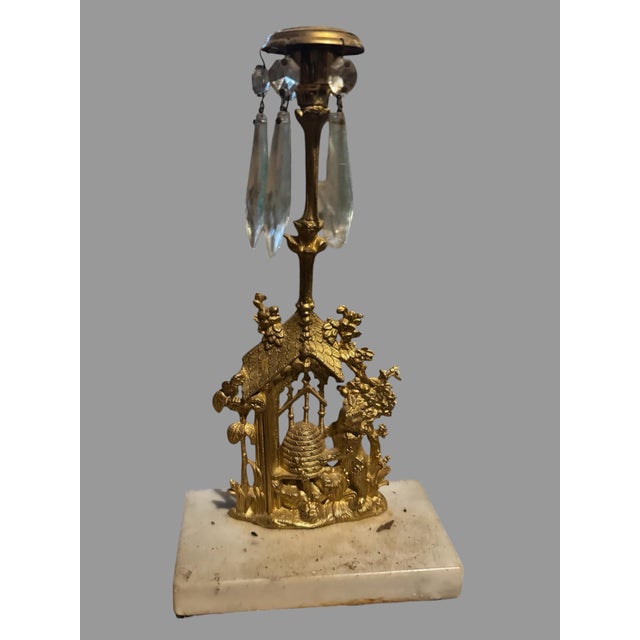 Metal Antique 3pc Bear Beehive Girandole Candelabra Set Gilt Brass Crystal Marble For Sale - Image 7 of 10