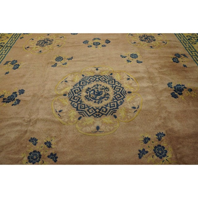 Art Deco 1900s Peach Field Classic Greek Key Antique Chinese Peking Rug 10'10" X 12'9" For Sale - Image 3 of 8