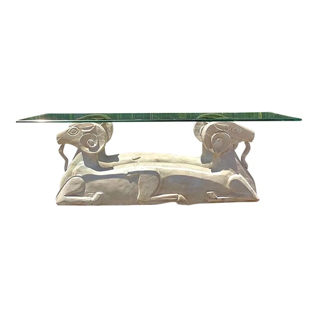 Late 20th Century Vintage Boho Plaster Double Ram’s Head Coffee Table For Sale