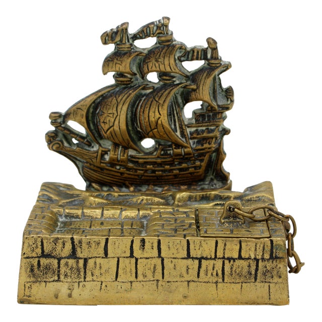 1924 English Brass Ship Inkstand For Sale