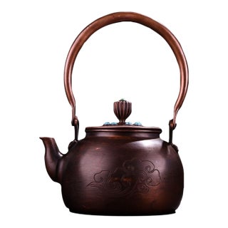 Vintage Hand-Hammered Copper Teapot With Gemstone Inlay and Cloud Motif For Sale