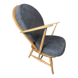 Mid-Century Elm Armchair with Slate Grey Bouclé from Ercol, 1970s For Sale