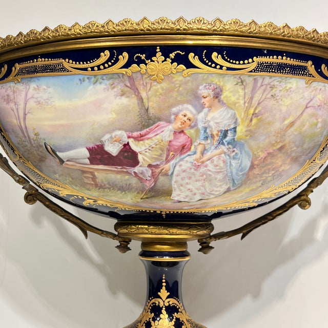 19th Century French Sevres Louis XV Style Porcelain Gilt Bronze Centerpiece Bowl For Sale - Image 11 of 15