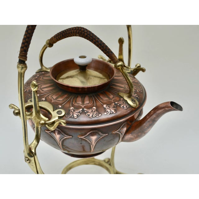 Art Nouveau Antique Copper & Bass German Tilting Tea Kettle & Stand
