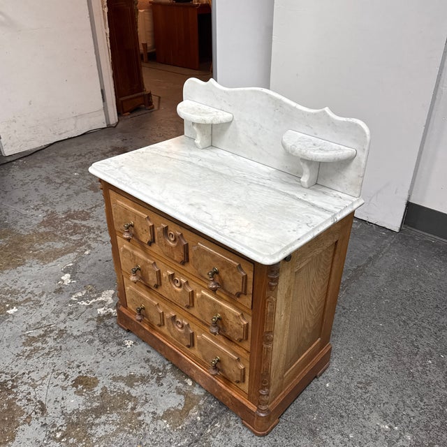 Traditional Oak Washstand Marble Top + Backsplash, Antique For Sale - Image 3 of 12
