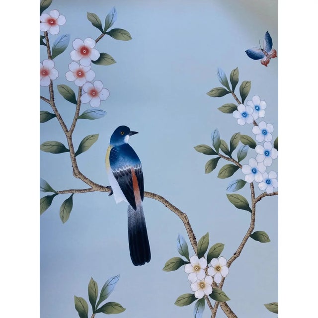 Not Yet Made - Made To Order 36"*72"/Panel, a Set of 4 Panels Light Blue Chinoiserie Birds and Flowers Artwork (No Frame),Tea Paper For Sale - Image 5 of 11