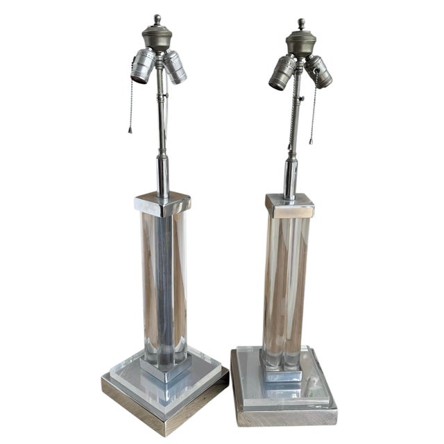 Pair of Mid Century Modern Lucite & Chrome Table Lamps For Sale In Los Angeles - Image 6 of 6
