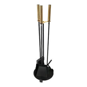 Mid Century Modernist 1950s Fireplace Tool Set Black Iron & Brass