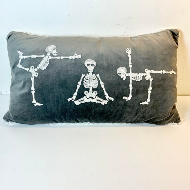 1990s Vintage Boho Chic Skelton Yoga Lumbar Decorative Halloween Pillow, Feather-Down For Sale - Image 4 of 15