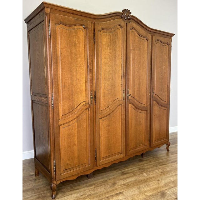 Vintage French Louis XVI Style Carved Oak 4-Door Wardrobe For Sale - Image 3 of 14