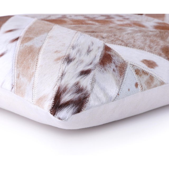 2020s Luxury Tan & White Genuine Cowhide Leather Chevron Throw Pillow 16x24 | Handmade Designer Lumbar Cushion For Sale - Image 5 of 5