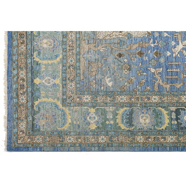 Modern Tabriz Style Medallion Wool Area Rug – Vibrant Blue, Sage Green & Yellow For Sale - Image 10 of 12