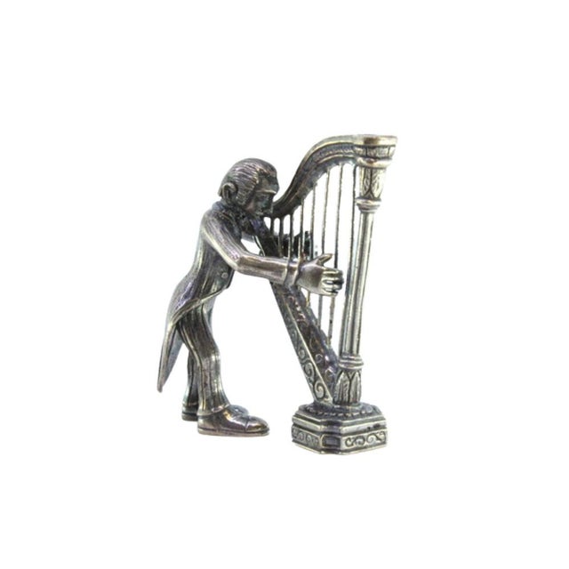 Metal Silver Figure of Musician Playing the Harp For Sale - Image 7 of 7
