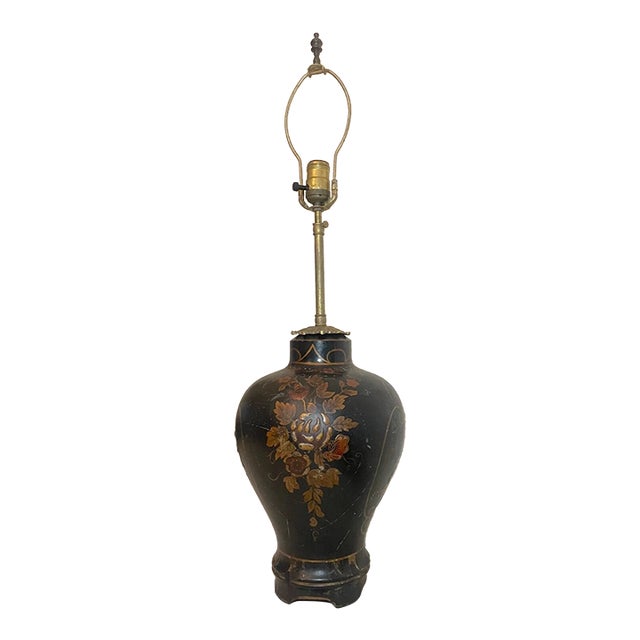 Antique Hand Carved Chinese Lacquered Heavy Wood Brass Electric Table Lamp Light For Sale