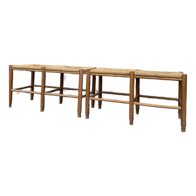 Vintage Pair of Handwoven Rush Seat Benches in Solid Oak – French Country Style For Sale
