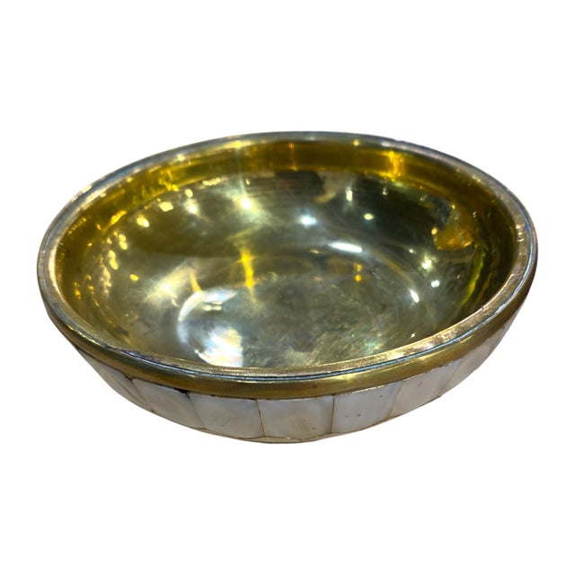 Vintage Mother-of-Pearl & Brass Floral Inlay Trinket Box For Sale - Image 9 of 14