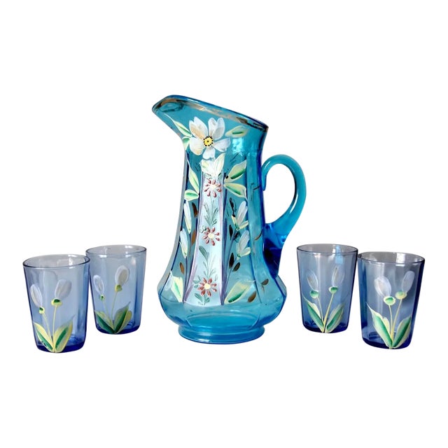 Antique Hand Painted Glass Pitcher Set For Sale